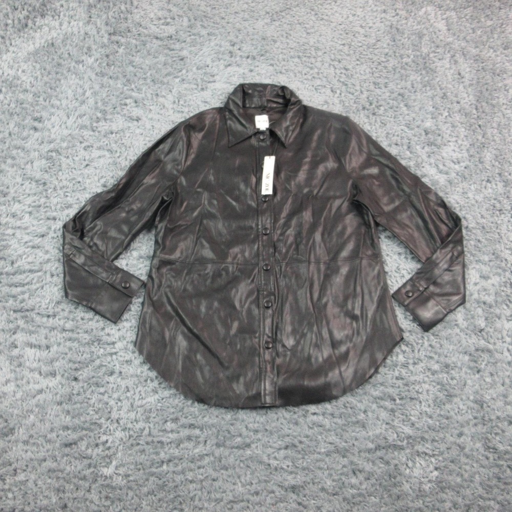 NIC+ZOE Jacket Womens Medium Black Faux Leather Snap Front Shirt Shacket NWT